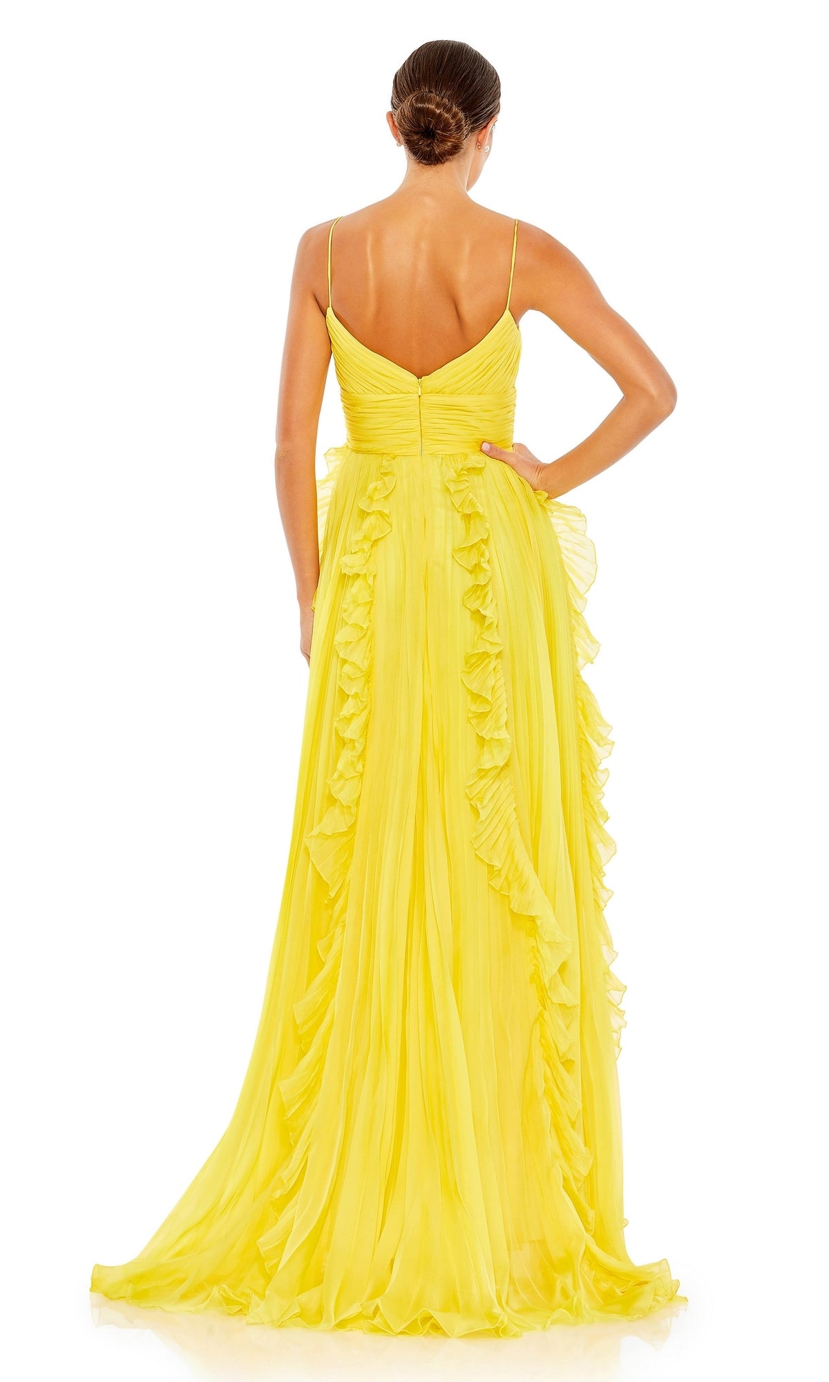 Woman in the Ruffled Long White Formal Dress 49533, featuring thin straps and cascading ruffle details, seen from the back with her hair in a sleek bun.